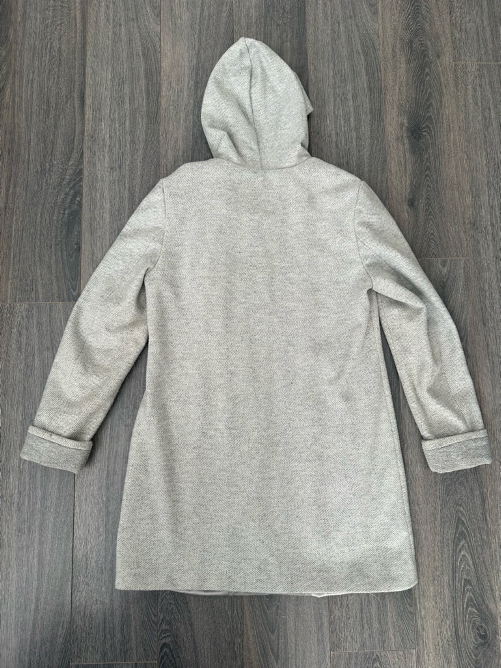 Le Chateau Grey Herringbone Asymmetrical Zip Hooded Jacket Long Chic Neutral Sm - Picture 4 of 14